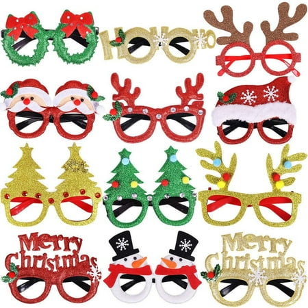 

12 Pcs Christmas Glasses Glitter Party Glasses Frames Christmas Decoration Costume Eyeglasses for Christmas Parties Holiday Favors Photo Booth (One Size Fits All)