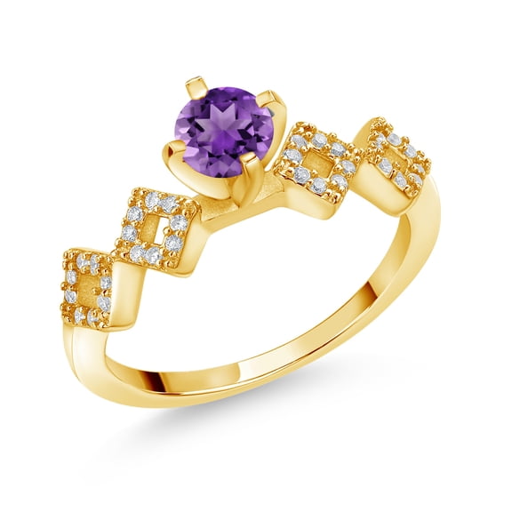 Gem Stone King 0.86 Ct Round Purple Amethyst 18K Yellow Gold Plated Silver Ring (Size 7)