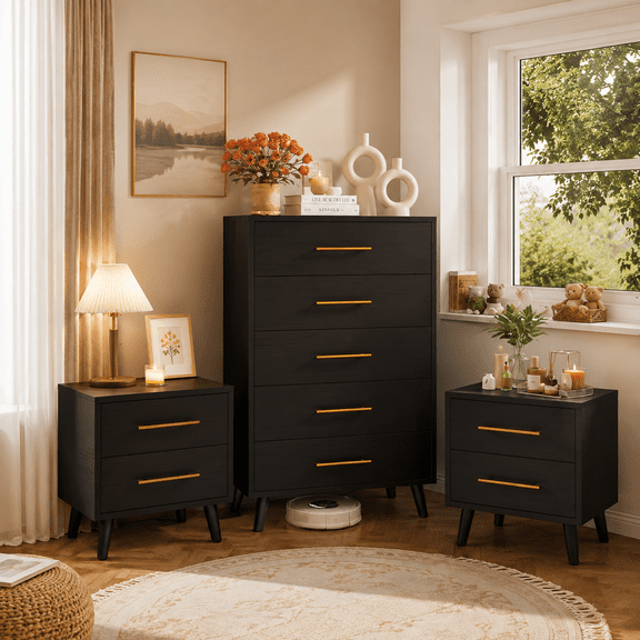 Noelse 3 Piece Bedroom Furniture Set, 5 Drawer Dresser with 2 Nightstands, Modern Wood Storage Organizer with Drawers for Bedroom, Living Room, Black