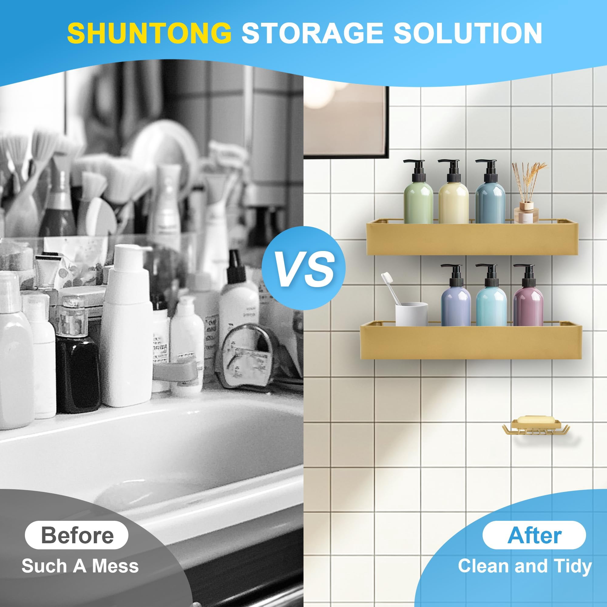 Shuntong Premium Shower Caddy, Adhesive Bathroom Shower Organizer and Storage, No Drill Shower Shelves for Inside Shower, Rustproof Shower Storage Rack 3 Pack Black