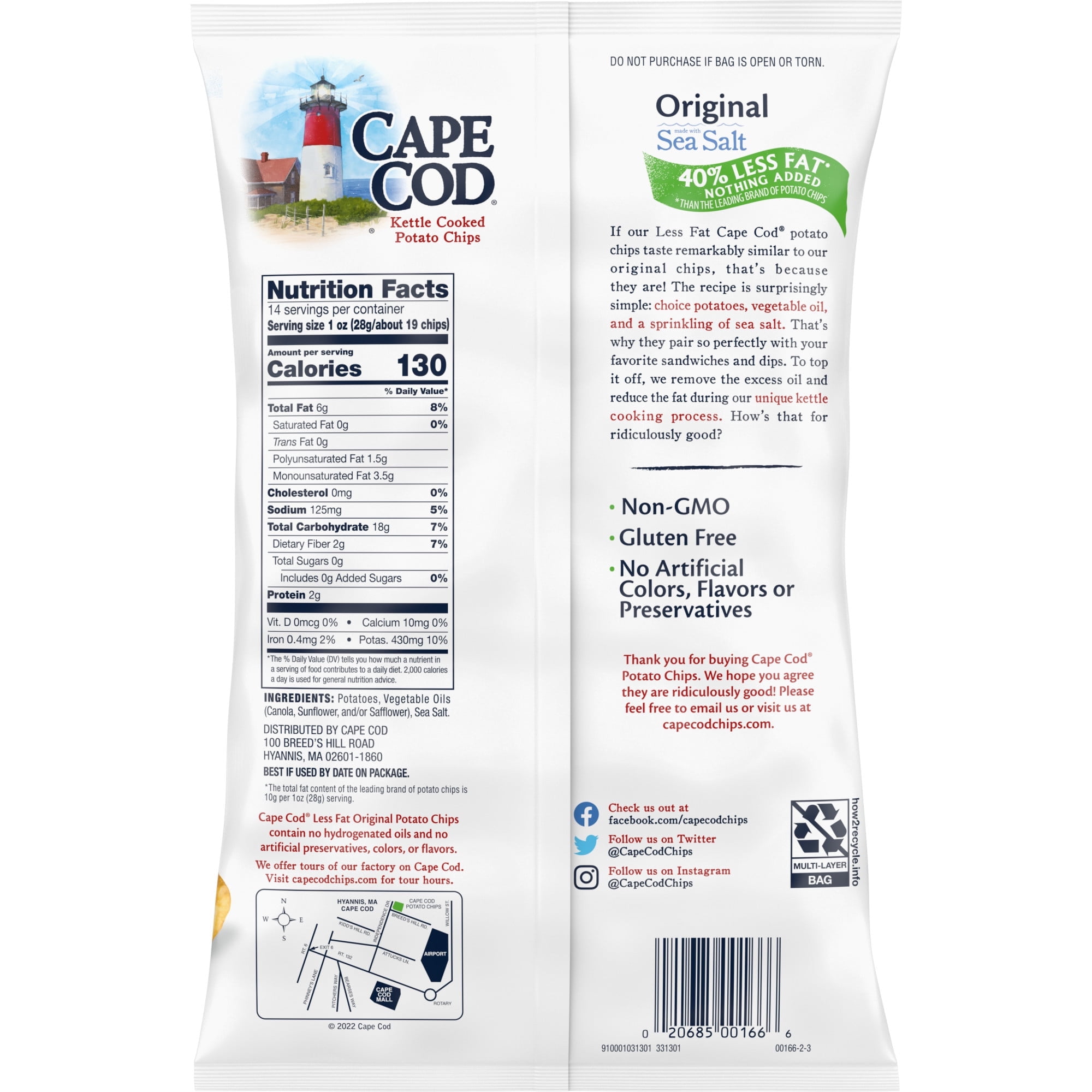Cape Cod Potato Chips, Less Fat Original Kettle Chips, Party Size 14 oz Party Size (Pack of 4)