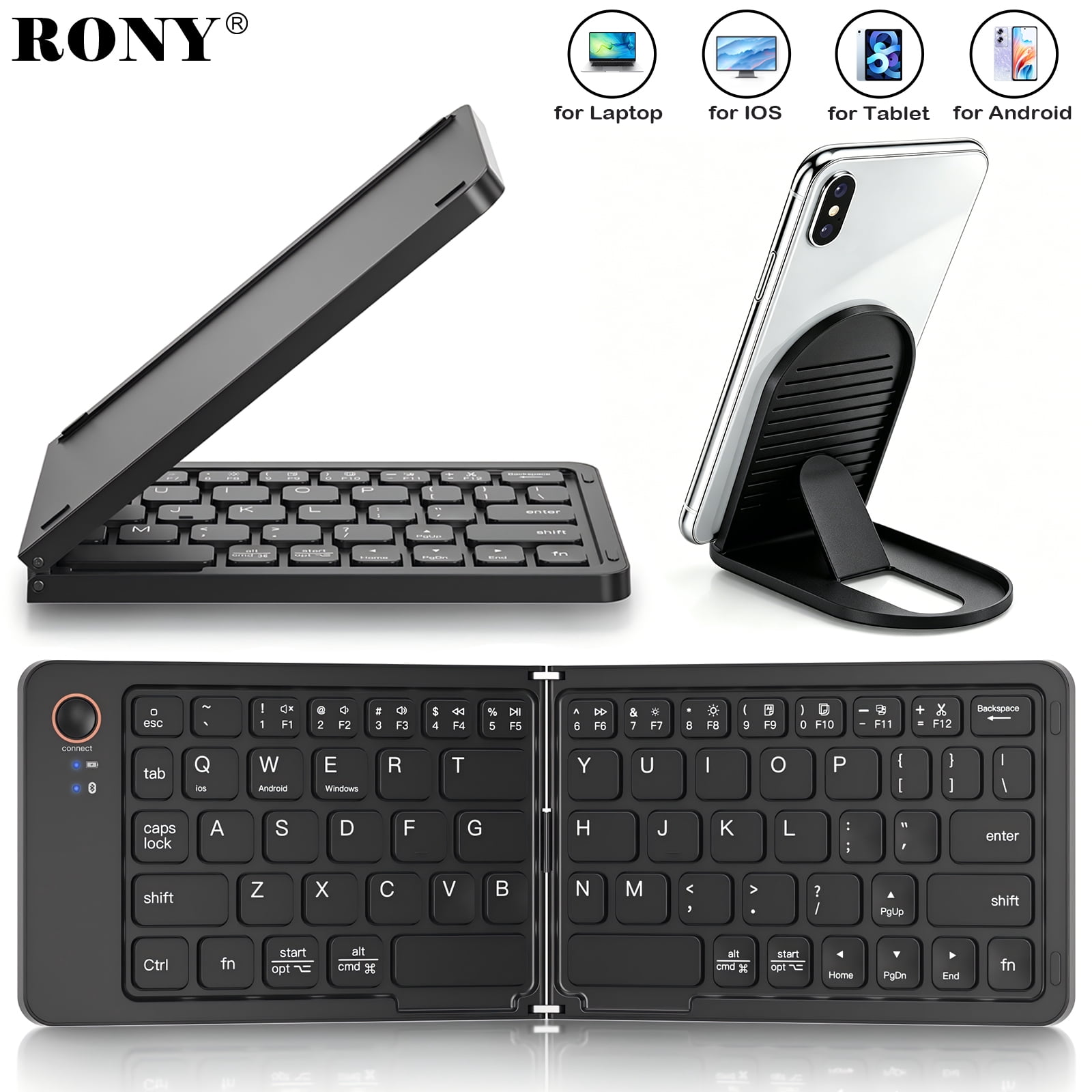 RONY Foldable Wireless Bluetooth Keyboard: Portable Folding Travel Keyboard for iPhone iPad Mac Android Windows iOS (Black)