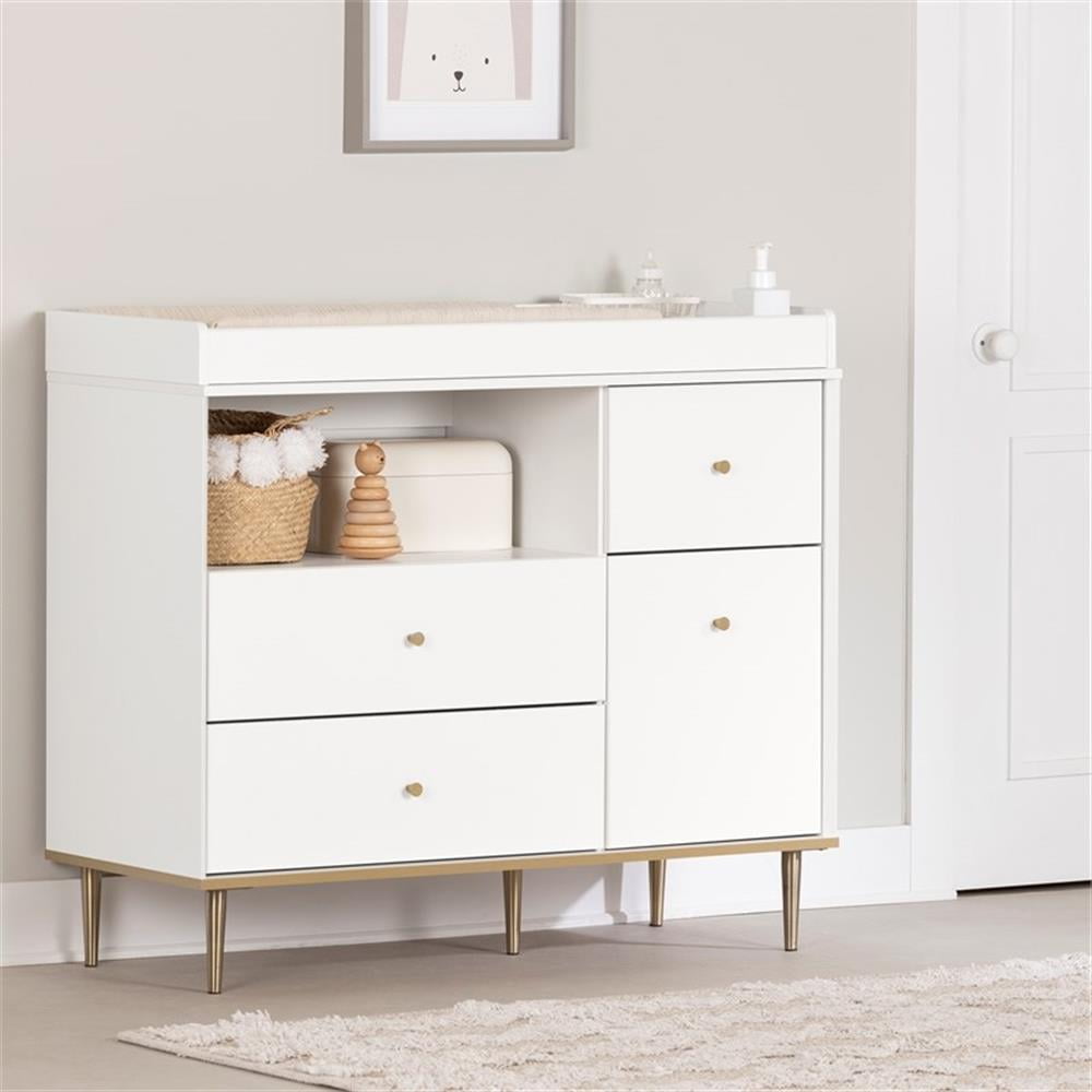 South Shore Dylane, Mid-century Glam Changing Table with Drawers and Open Storage, Pure White