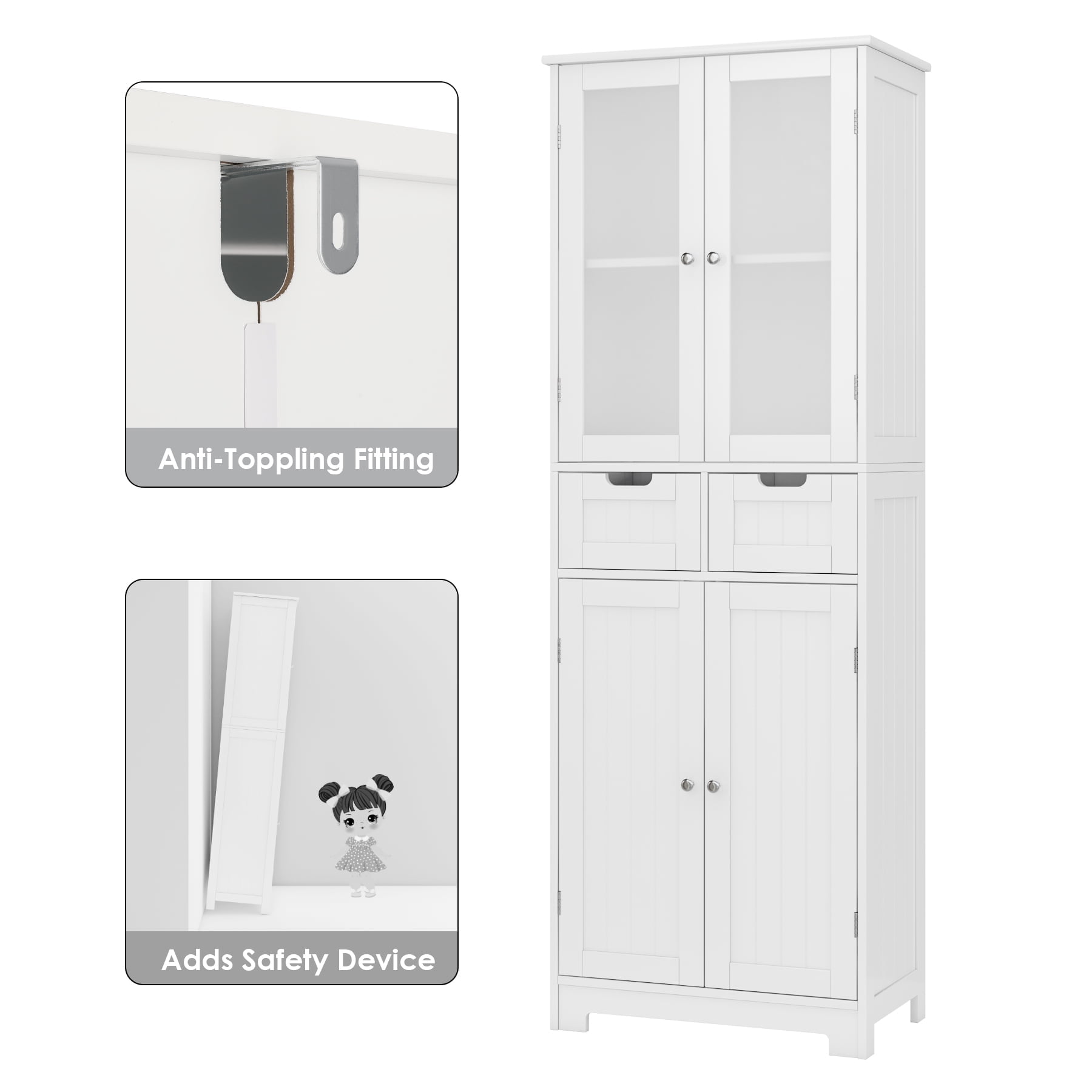 Homfa 2pcs Bathroom Cabinet with 4 Doors, 3-Tier Wood Tall Linen Storage Cabinet with 2 Drawers for Living Room Office, White
