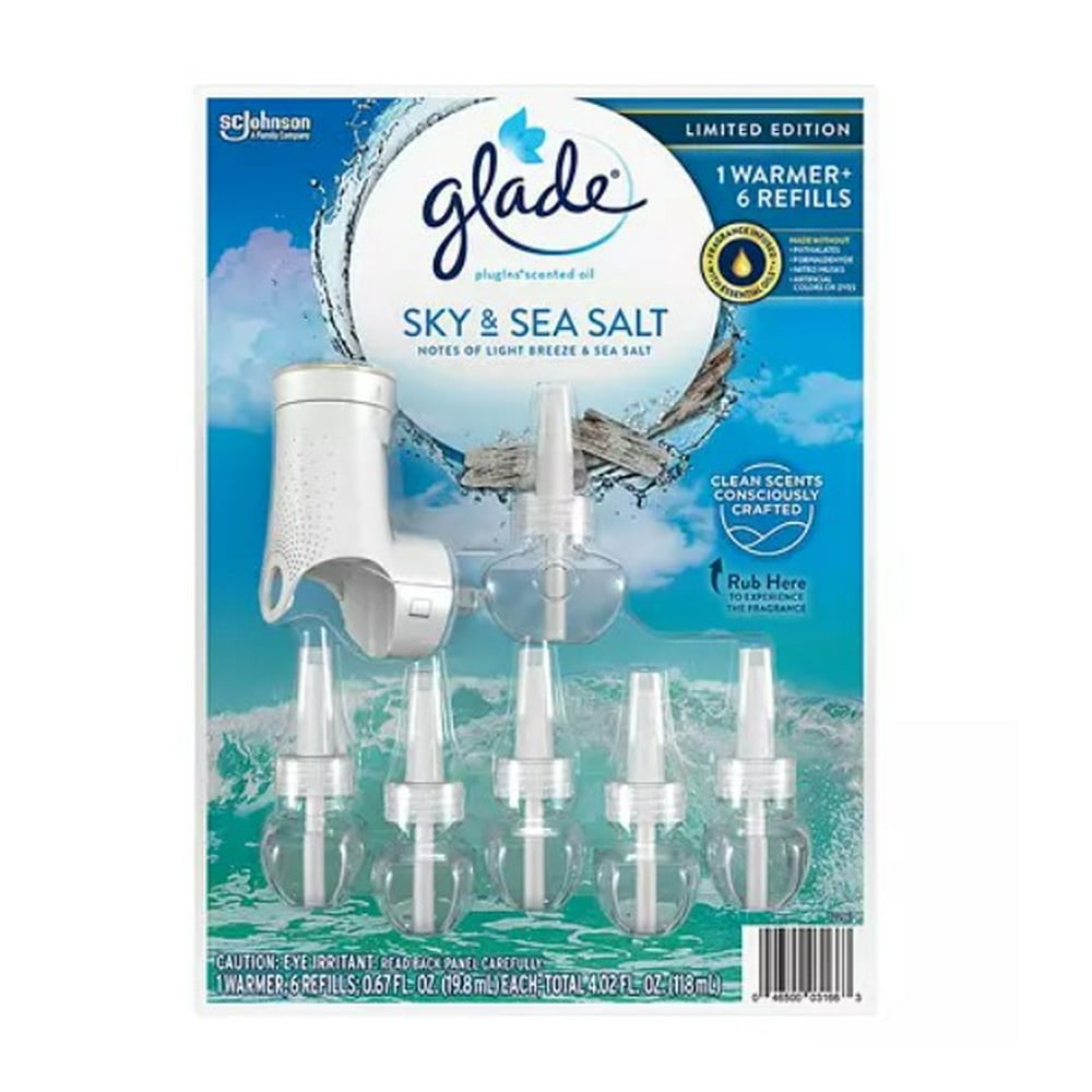 Glade PlugIns Scented Oil, Warmer + 6 Refills Sky & Sea Salt