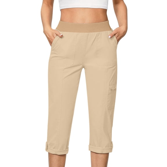 Womens Straight Leg Capri Pants Elastic High Waisted Cuffed Hem Cropped Trousers with Pockets Casual Athletic Work Pants Beige
