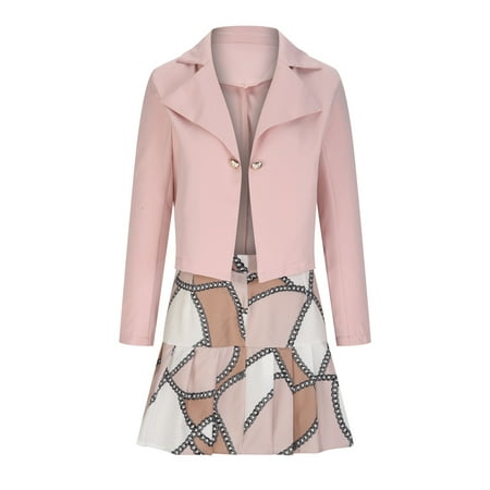 

Ziloco Two-Piece Women s Printed A-line Pleated Skir And Turndown Collar Long Sleeve Short Tops Set Suits pajama sets for women soft Pink XXL