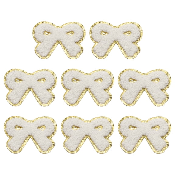 Uxcell 8 Pcs White Bow Chenille Patches, Iron on Patches Gold Edges Bow Patches Applique for Clothing DIY Crafts Hats Backpack Clothes Dress Pants Jeans