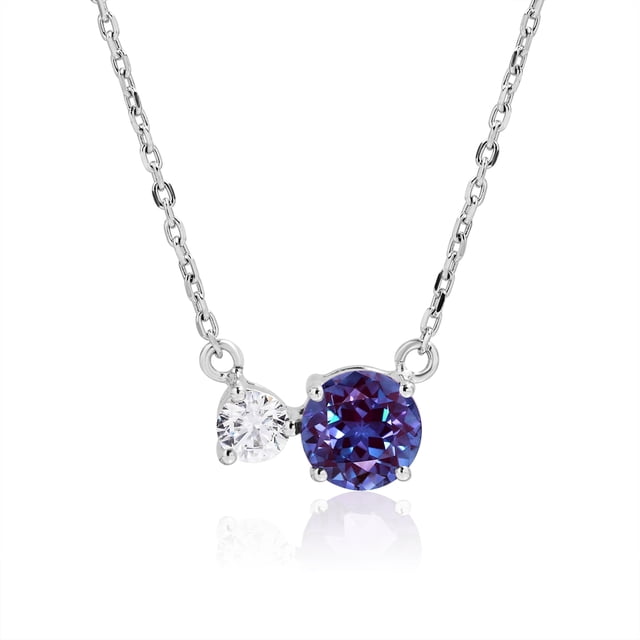 Collar con Colgante Único de Piedra Natal de Junio con Circonita Cúbica Redonda Doble de Alejandrita en Baño de Oro Blanco sobre Plata Esterlina