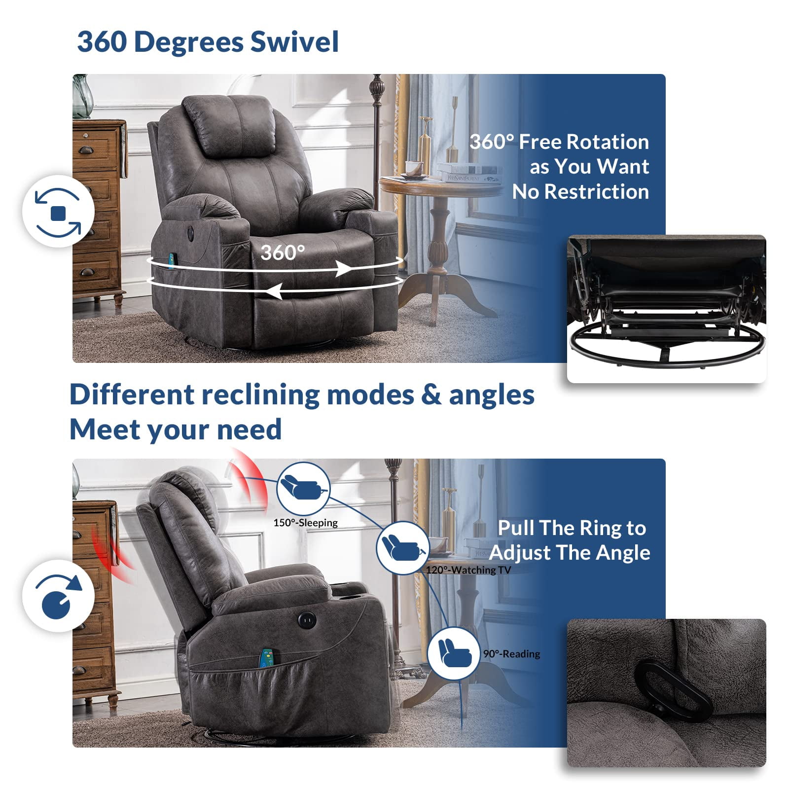 SOCIALCOMFY Swivel Glider Rocker Recliner Chair with Heated Massage Ergonomic Lounge 360 Degree Manual Swivel Sofa Seat with 2 Cup Holders, Side Pockets & USB Ports for Living Room (Gray)