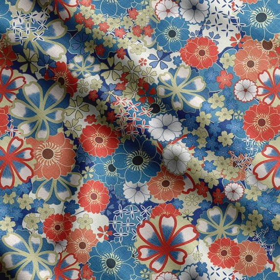 Soimoi Chinese Floral Print, Silk Fabric, Decor Sewing Fabric by The Yard 42 Inch Wide,Decorative Fabric for Shirts Suits Ties, Blue