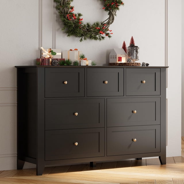 Commode Noire – 7 Tiroirs pour Chambre – Coffre Simplement Moderne – Commode Double en Bois – Tiroirs Profonds – Salon, Couloir et Entrée