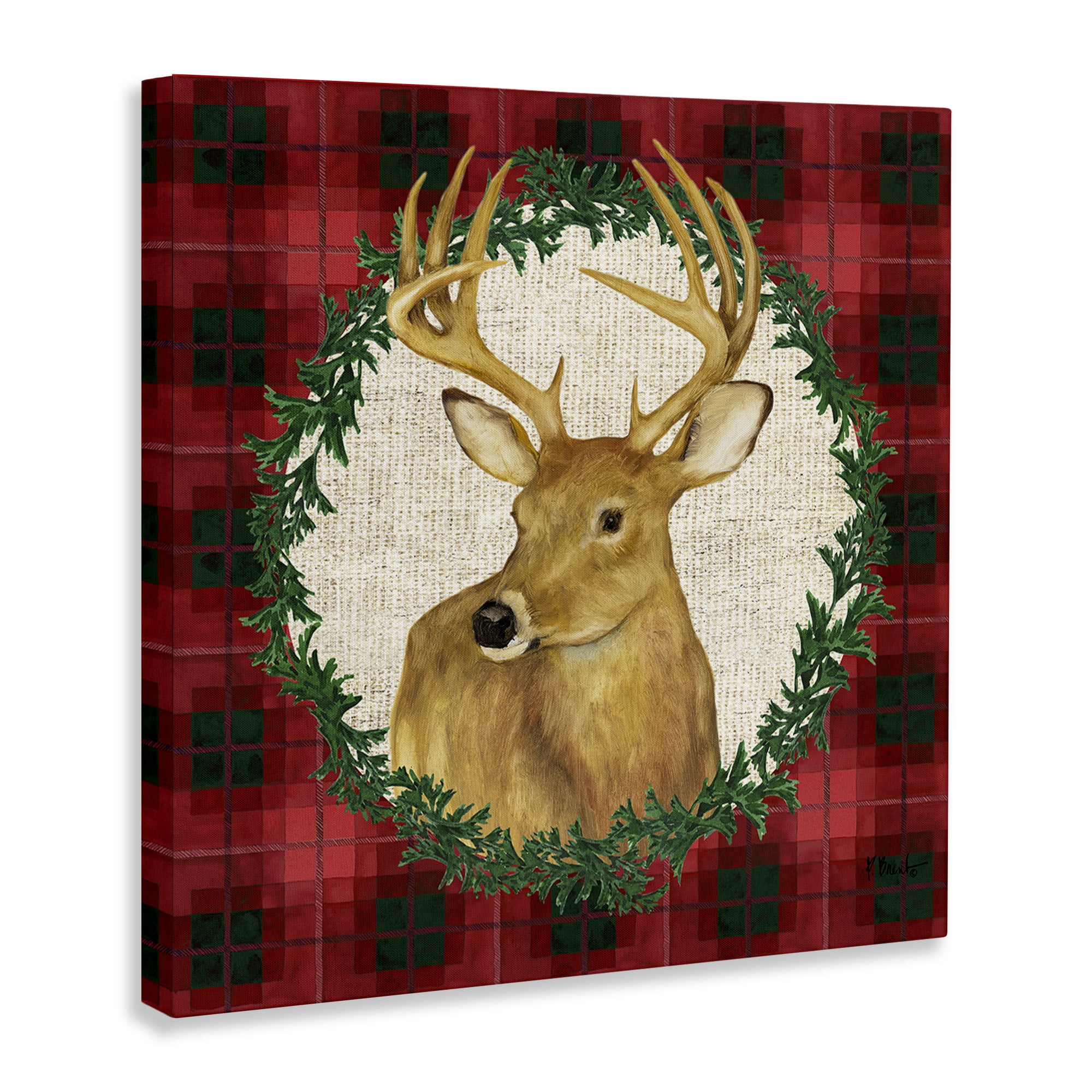 Stupell Industries Deer on Plaid & Wreath Holiday Painting Wrapped Canvas Art Print Wall Art, 30 x 30