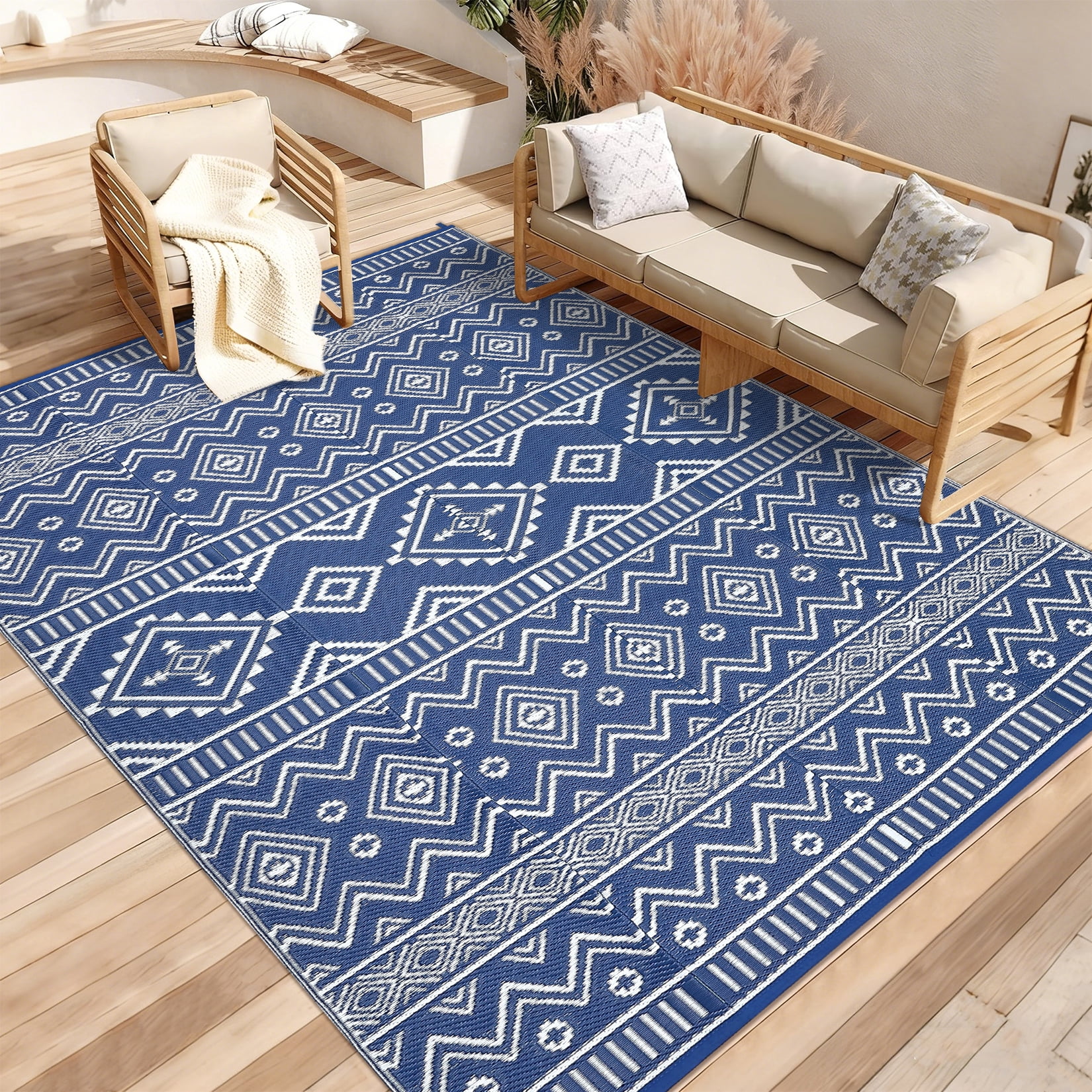 Garvee Outdoor Area Rug 8'x10' Waterproof Outdoor Carpet, Boho Plastic Straw Rug RV Mat for Picnic, Deck, Balcony, Beach, Patio, Dark Blue and White