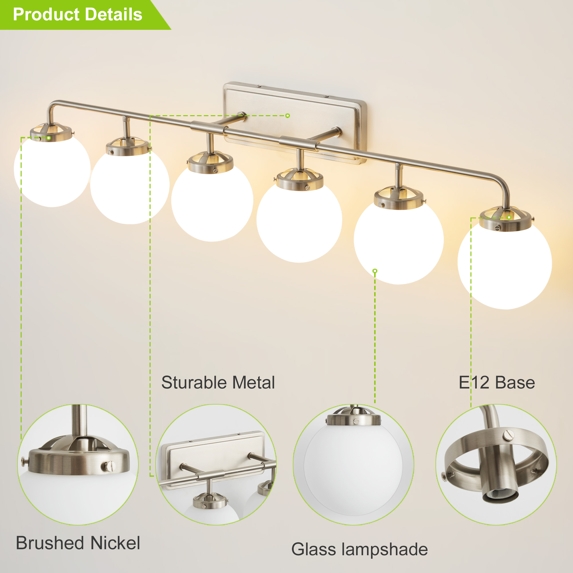 Deyidn 6-Light Modern Vanity Light, Nickel Bathroom Light Fixture with Milk White Glass Globes, 45 Inch Bathroom Wall Sconce for Mirror