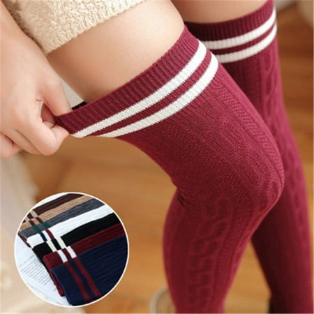 

Pudcoco Women Knit Cotton Over The Knee Long Socks Striped Thigh High Stocking Socks New
