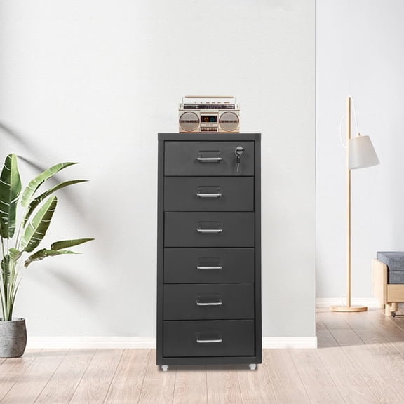 6-Drawer Vertical File Cabinet with Lock Black Rolling Filing Cabinet with 4 Wheels Mobile Storage Cabinet for Home