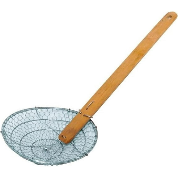 TrueCraftware- 4” Stainless Steel Coarse Mesh Skimmer with Natural Bamboo Handle- Spider Strainer Ladle Kitchen Frying Food Pasta Spaghetti for Cooking and Frying Pasta Strainer Spoon