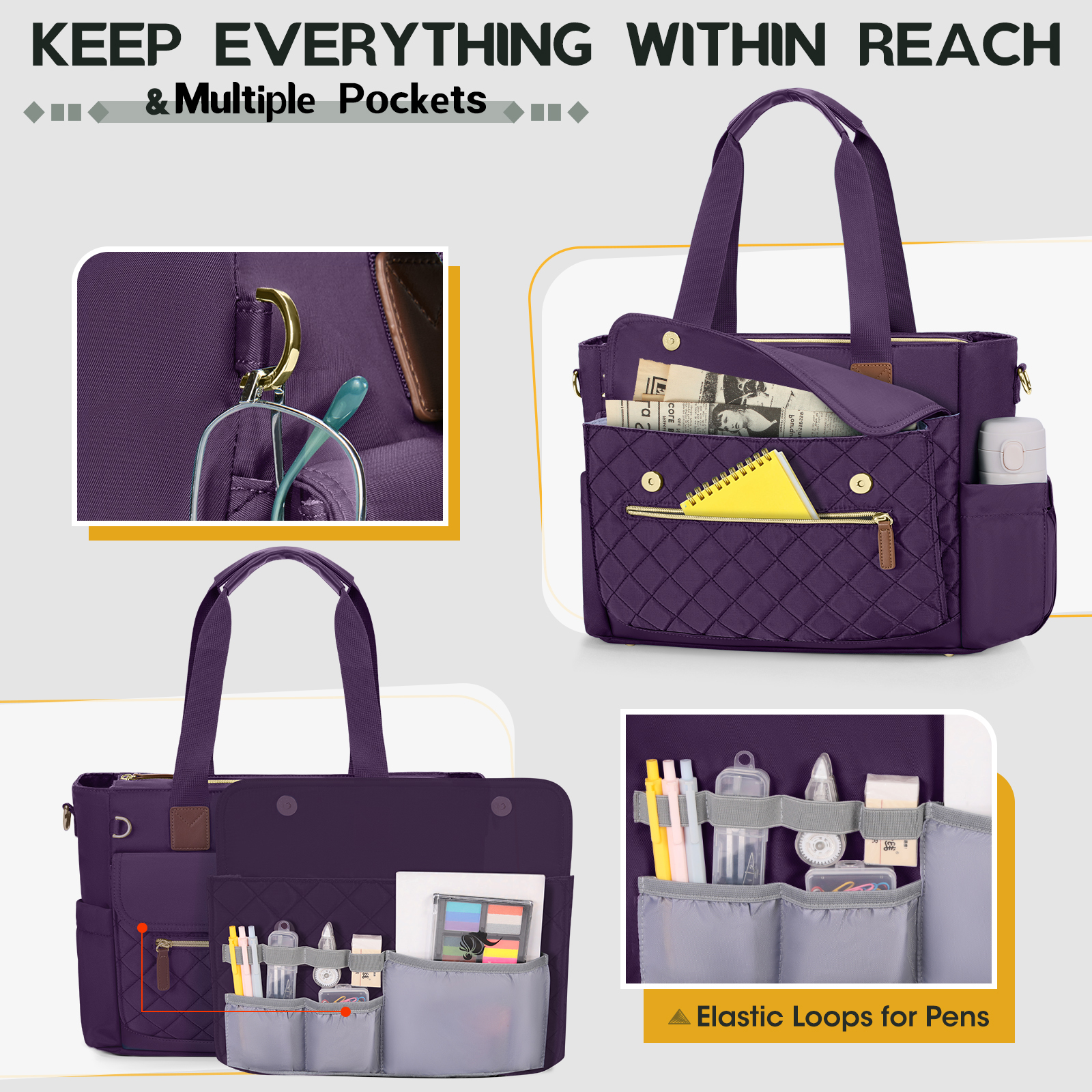 RAINSMORE Teacher Tote Bag 15.6 inch Laptop Bag for Women with Small Bag Professional Work Tote Bags Nurse Bag Computer Briefcase,Deep purple