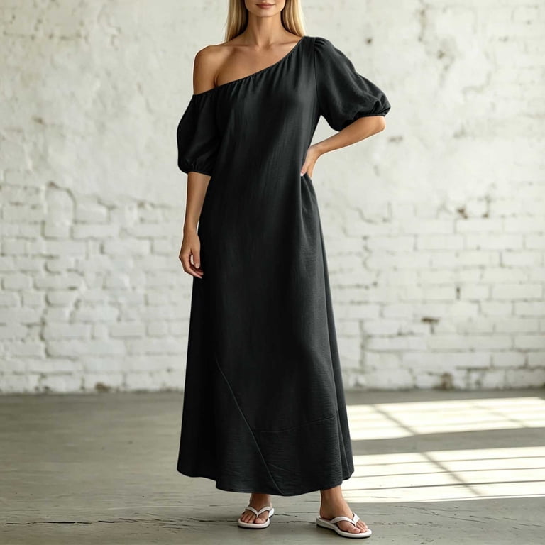black off the shoulder casual dress Miluxas Women's Puff Short Sleeve Maxi Loose Fit A Line Flowy Dress Summer Sundress for Beach Vacation Wear Black, Size Summer Dress Womens Casual Off The Shoulder Flowy Mini Dresses with Puff Sleeves Summer Sexy Beach Sundress You will love this sweet dress in your summer outings Black Off The Shoulder Dresses