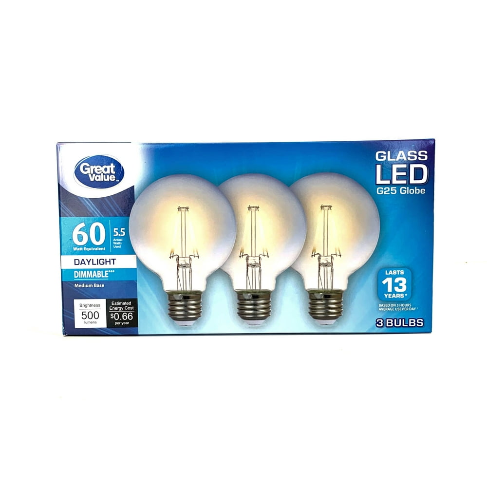 Great Value 60W Equivalent G25 Globe LED Light Bulb, Dimmable, Daylight, For CA Residents, 3