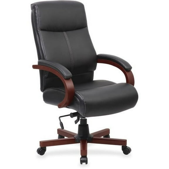 Lorell Executive High-Back Wood Finish Office Chair - Black Bonded Leather Seat - Black Bonded Leather Back - High Back - Black, Mahogany - 1 Each