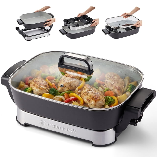 Elite Gourmet 15" x 12" x 3" Stow-Away Foldable Electric Skillet, Ceralast™ PFAS Free Ceramic, 1500W Rapid Heat, Dishwasher Safe Pan & Lid, Bla