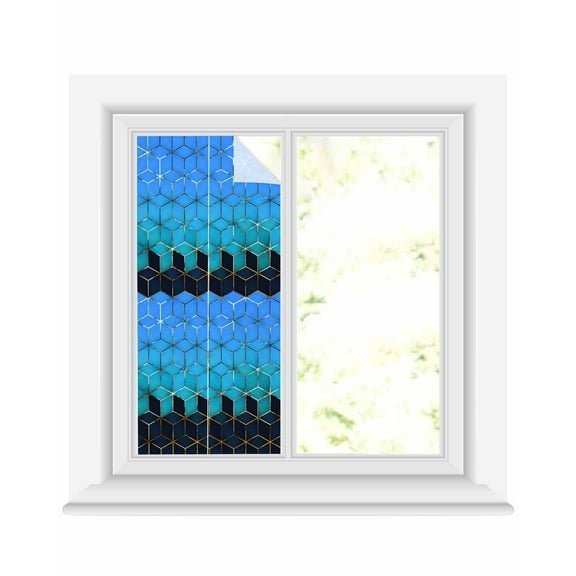 Window Privacy Film Blue Geometric Stained Glass Window Film Decorative Sun Block Window Cover Gradient Black Gold Mottled Comb Grid Window Clings Static Adhesive Sticker for Bathroom 19.6"x39.3"