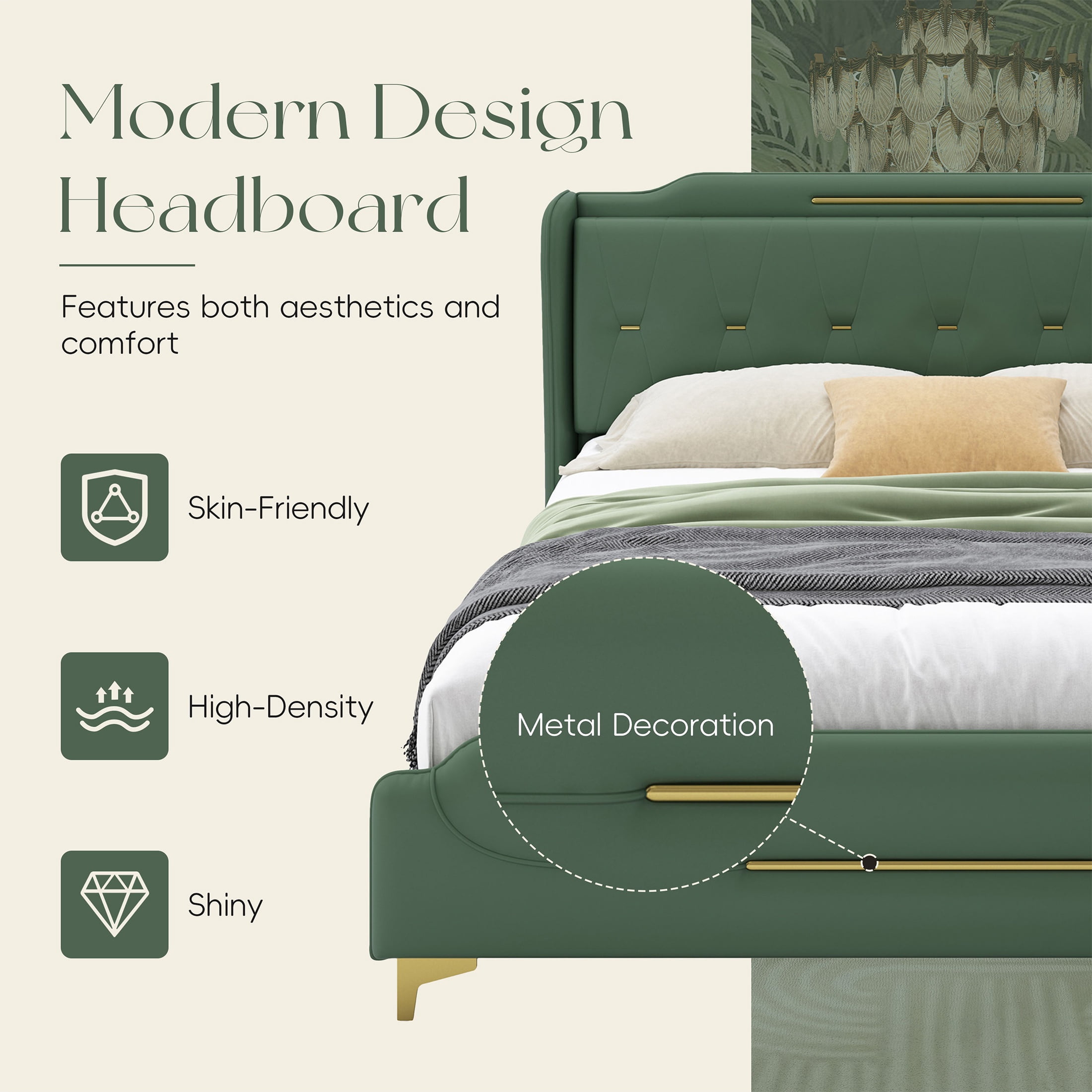 PORKISS Queen Size Bed Frame with PU Leather Upholstered Headboard, No Box Spring Needed, Green