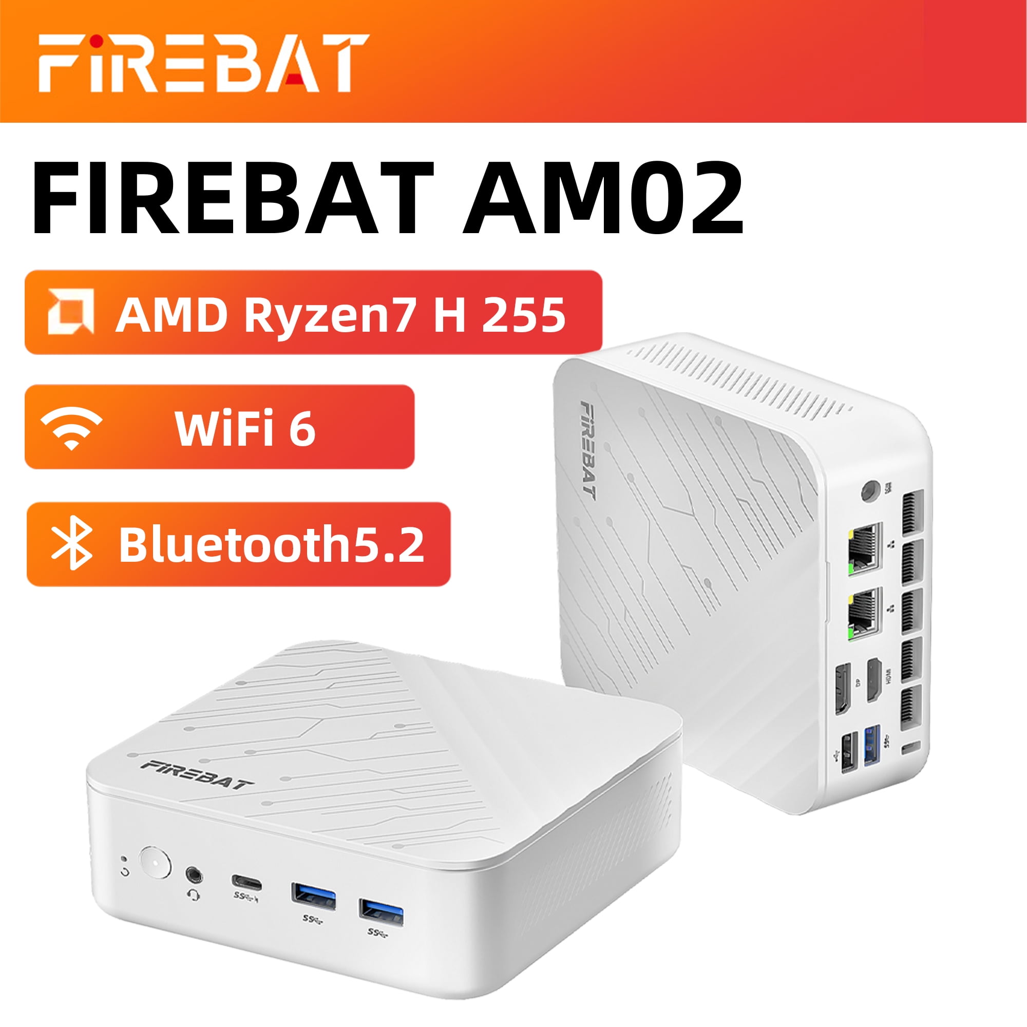 FIREBAT AM02 Mini PC, AMD Ryzen 7 H 255, 0GB, 0GB SSD, White