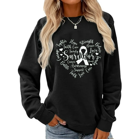 Breast Cancer Love Ribbon Print Long Sleeve Shirts For Women Black One-piece