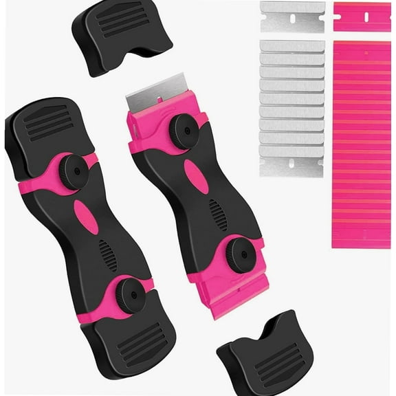 Razor Blade Scraper, 2 Pack Double Edged Razor blade Scraper Tool with 30 Pcs Razor Blades, Glass Scraper for Windows, Decals, Tint, Stickers, Labels, Caulk, Adhesive?Pink?