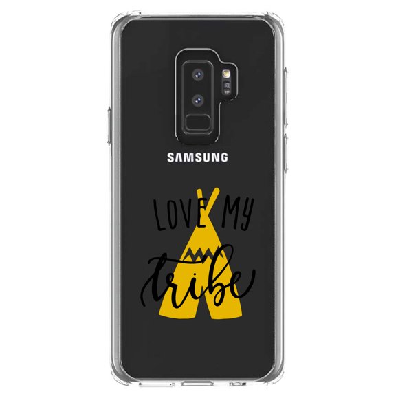 DistinctInk Clear Shockproof Hybrid Case for Samsung Galaxy S9  PLUS (6.2" Screen) - TPU Bumper Acrylic Back Tempered Glass Screen Protector - Love My Tribe - Yellow Teepee
