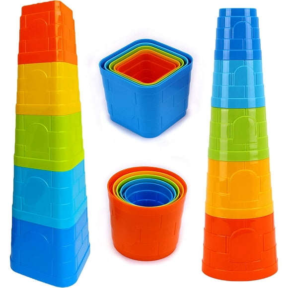 Baby Stacking Cups Toy - Set of 2 Colorful Stacking Toys Towers (5 Square, 5 Round) - Interactive Stack Up Cup Toys - Durable Nesting Cups for Toddlers and Babies for Water, Sand, Bath, Beach