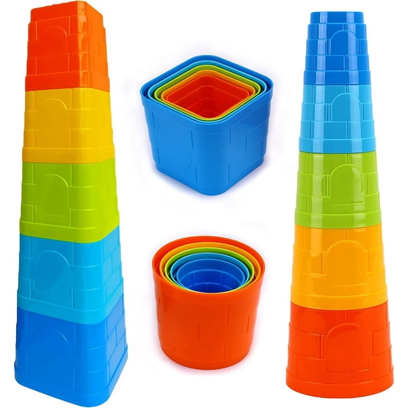 Bébé Empilage Tasses Jouet - Ensemble de 2 Tours Empilage Coloré Jouets (5 Carrés, 5 Ronds) - Interactive Empiler Tasse Jouets - Tasses de Nidification Durables pour les Tout-Petits et les Bébés pour l'Eau, le Sable, le Bain, la Plage