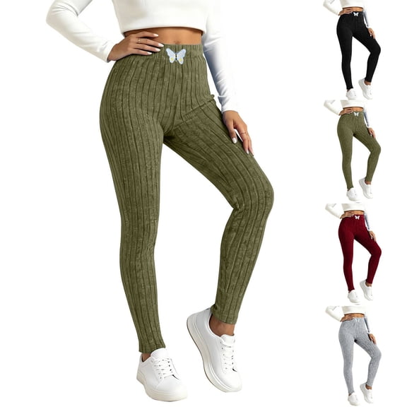 Leggings for Women Ribbed Knit Elastic Waist Tummy Control Winter Tights Cozy Lounge Pants Soft Sweater Pants Long Army Green XL