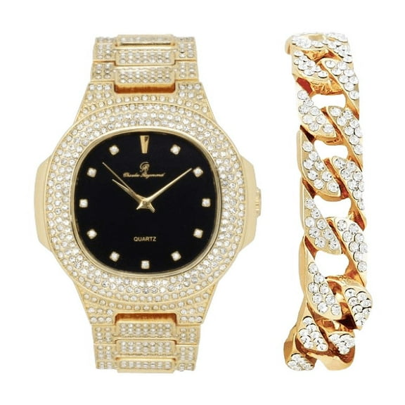 Charles Raymond Bling-ed Out Oblong Metal Mens Color on Blast Watch - 8475Color (ST10235DX GLD BLK - C)