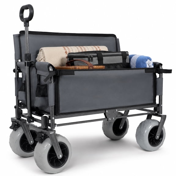 Heavy Duty Folding Wagon with Bench Seat, 3-in-1 Convertible Collapsible Utility Cart, 500 lbs Capacity, 180L Storage, All-Terrain Wheels, Gray