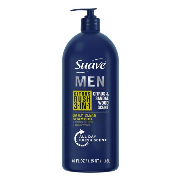 Suave Men Citrus Rush 3-in-1 Shampoo, Conditioner & Body Wash, Daily Clean, Citrus & Sandalwood, 40 fl oz