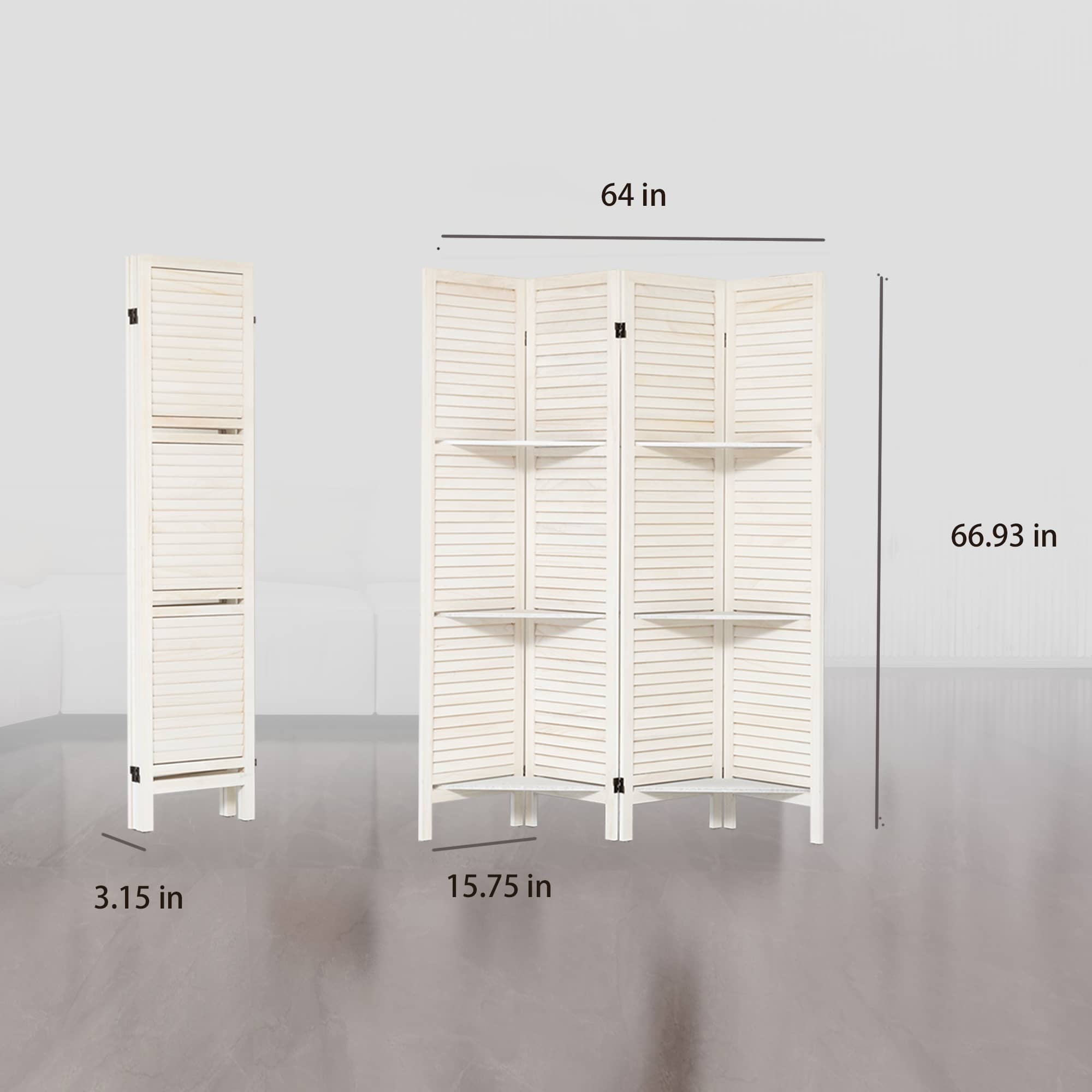 MAYEERTY 4 Panel Freestanding Room Divider with Shelves, 5.6Ft Folding Privacy Screens, Warm White
