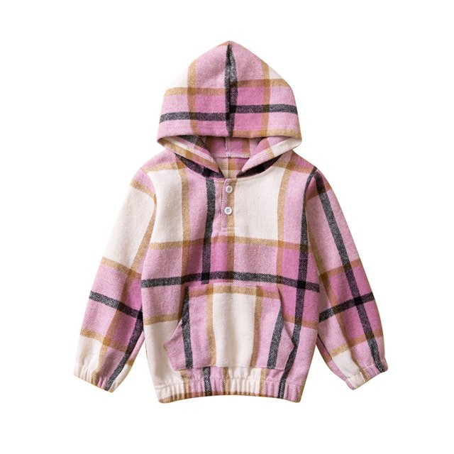 Sudadera Para Niños Pequeños, Vestido De Otoño Para Niñas, Nuevo Suéter Con Capucha A Cuadros, Suéter De Contraste De Color Rosa Para Niños Odeerbi LM103-7792