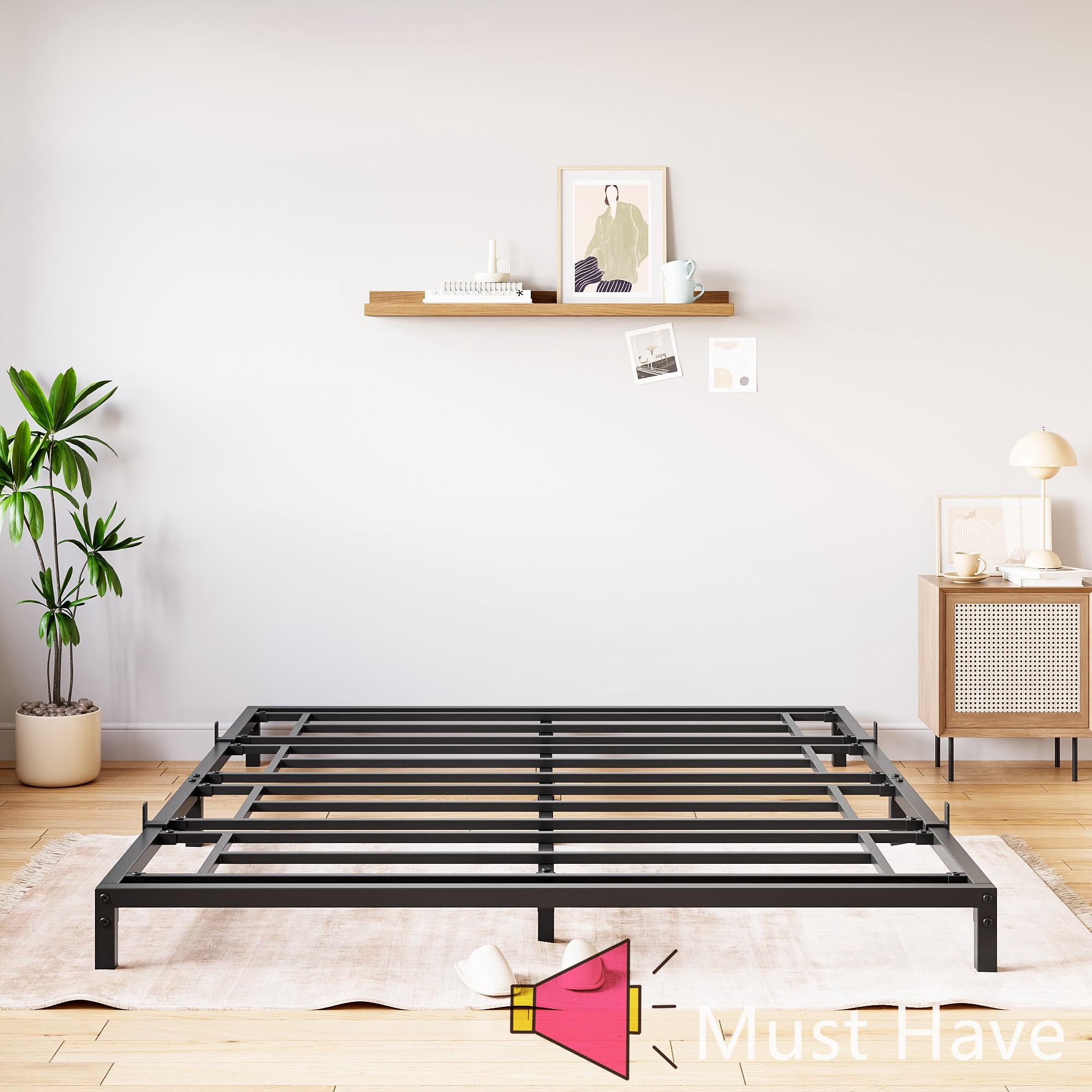 Jojoka 8 Inch Queen Size Metal Platform Bed Frame with Heavy Duty Steel Slats, Noise-Free Design, Reinforced Center Support, Under-Bed Storage Space, and No Box Spring Needed