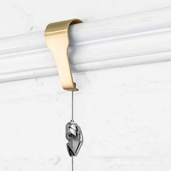 Picture Rail Molding Hangers, Art Gallery Quality - Instantly Adjustable: Choose Brushed Brass or Stainless Steel Hangers with 5 Molding Hooks, 5 Picture Hooks and 6.5-Foot Cables