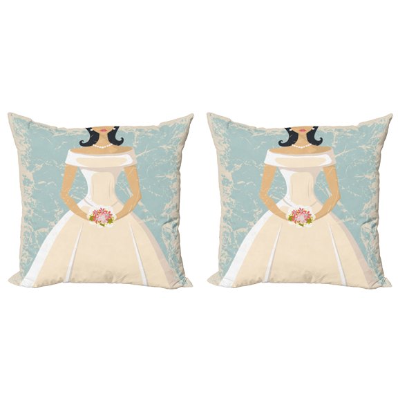 Ambesonne Grunge Throw Pillow Cover 2 Pack, Sketch Bride Dress, 18", Pale Blue and White