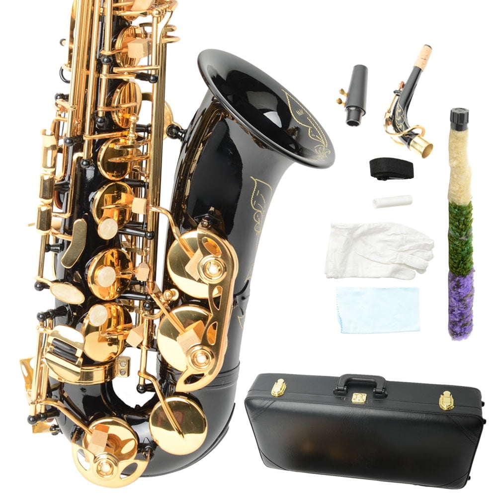 Be Brass Carving Pattern Pearl White Shell Button Saxophone with Strap Black