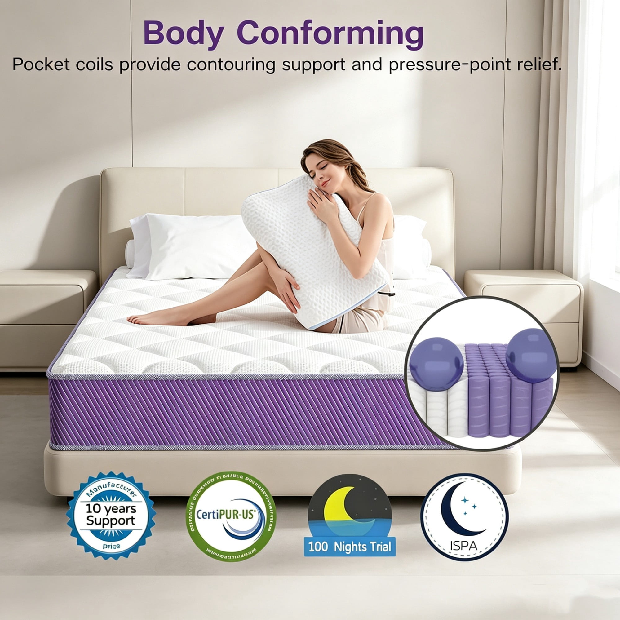 BSHTI 12" Queen Knitted Fabric Hybrid Mattress with Pocket Coils, Support Foam, Pressure Relief for Bedroom(Purple)