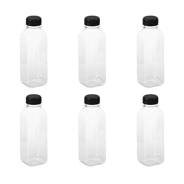 EeaseMX 6 botellas PET transparentes, recipientes de plástico vacíos con tapas para bebidas, zumos y zumos (tapas negras)