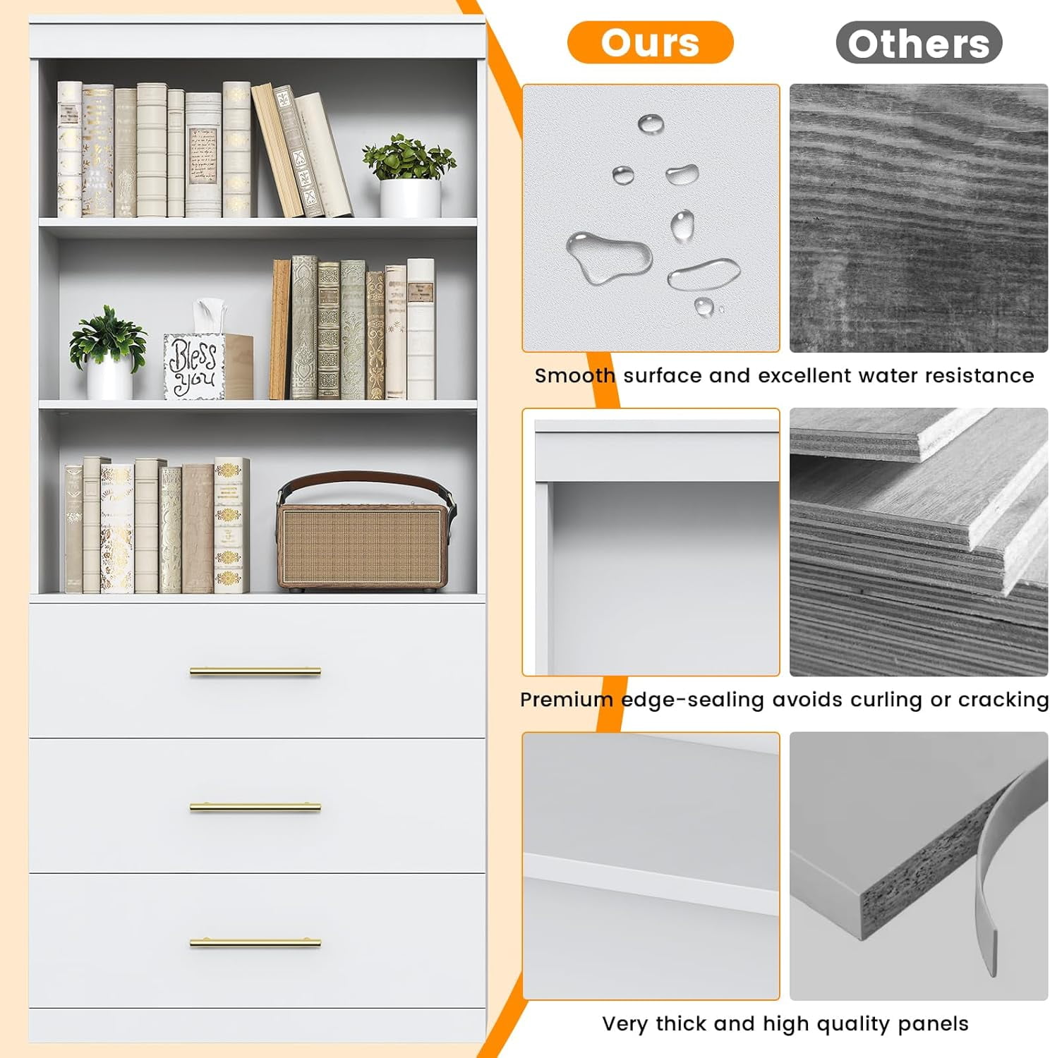 Frmobepts 71" Tall Bookcases with 3 Large Drawers & 3 Shelves, Wooden Bookshelf for Living Room Office, White