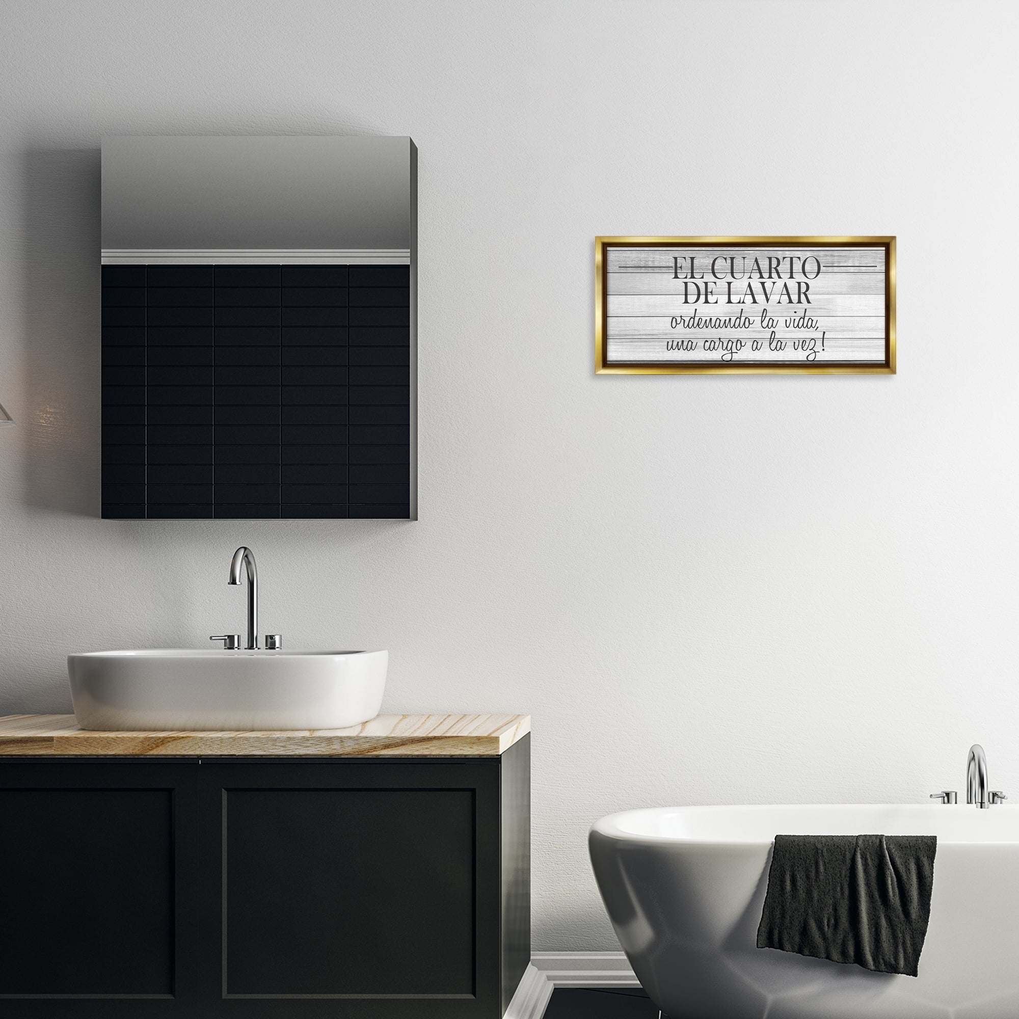 Stupell Industries Cuarto de Lavar Ordenando la Vida Bath & Laundry Painting Gold Floater Framed Art Print Wall Art, 25 x 11