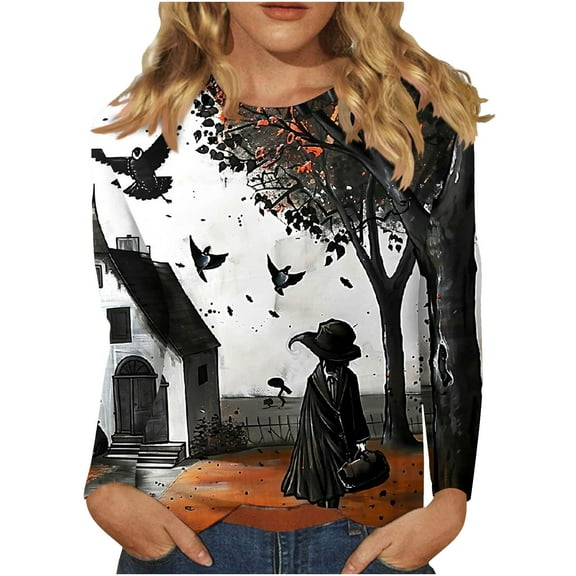 Raeneomay Women Tops Long Sleeve Shirts for Women Halloween Fashion Tees Casual Round Neck Loose T Shirt Halloween PrinT Shirt